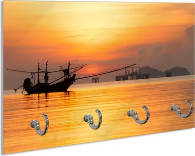 Produktbild von Wallario Handtuchhalter aus Glas, Motiv: Thailändisches Fischerboot vor Sonnenuntergang, 30 x 20 cm mit 4 Haken