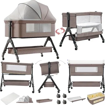 Produktbild von Zusammenklappbares Beistellbett für Babys mit Rollen, umwandelbarer Stubenwagen und Wiege mit Matratze in Khaki