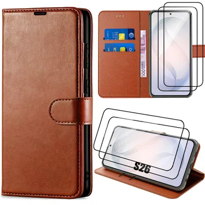 Image de Coque + 2 Verres Trempés pour Samsung Galaxy S26, Protection Flip Case Antichoc Anti-Rayures Effet Cuir Marron
