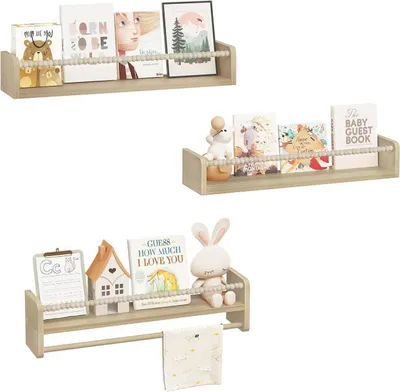 Produktbild von WOLTU 3er Set Kinder Bücherregal, Wandregal, aus Massivholz, für Bücher Spielzeug : Holzfarbe 60 x 15 x 14 cm Farbe: Holzfarbe Größe: 60 x 15 x 14 cm