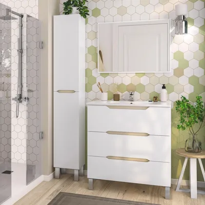 Produktbild von Badezimmer-Set >LEA< (3-tlg.) in Weiß glänzend / Eiche Nachbildung - 80x86x45 (BxHxT)