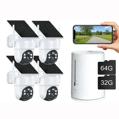 Image de Kit de caméras de surveillance d'extérieur Wi-Fi 4 canaux, 4 caméras PTZ Wi-Fi 4 MP à 360° avec audio bidirectionnel, alarme avec projecteur, vision nocturne en couleur, carte mémoire de 32 ou 64 Go