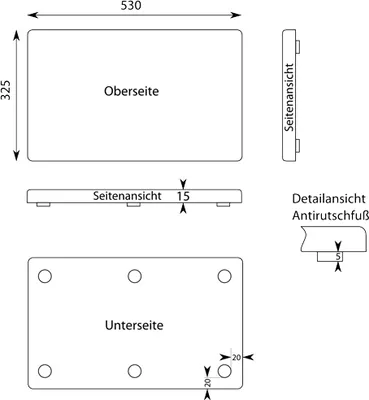 Technical drawing of a cutting board with dimensions and views.