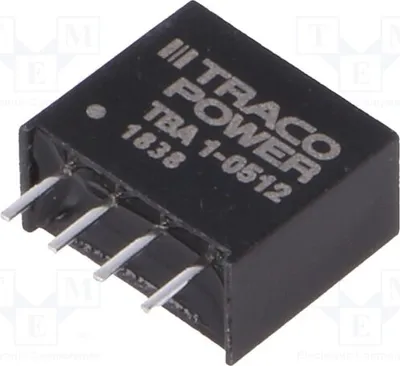 Image de 1 x Convertisseur DC/DC, boîtier SIP4, modèle TBA 1-0512. Convertisseur DC/DC. Courant de sortie : 80 mA. Tension d'entrée : 4,5 ÷ 5,5 V. Puissance : 1 W