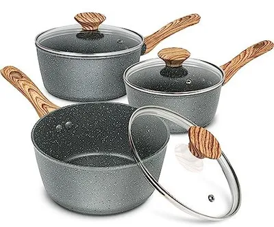 Produktbild von MICHELANGELO 3-teiliges Stielkasserollen-Set, 1,4 l, 2 l, 2,8 l, Granit-Antihaftbeschichtung, Grau