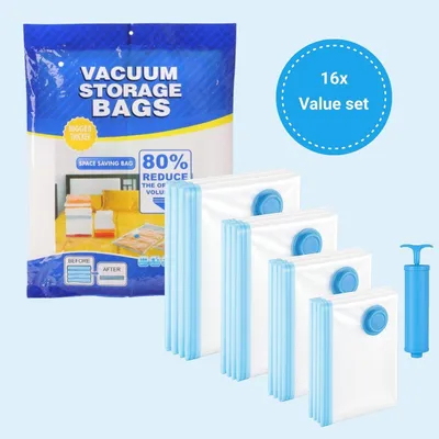 Image de SpaceSaver Sacs de rangement sous vide Set de 16 - 4 tailles pour vêtements, couettes & draps - Sacs de compression avec pompe à main incluse