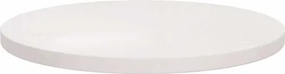 A white, round tabletop is shown from a slightly elevated, diagonal angle against a white background.