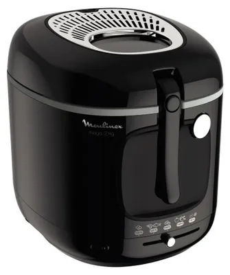 A black Moulinex deep fryer is shown against a white background.