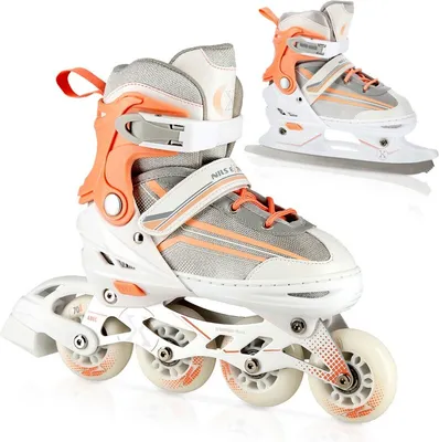 A pair of inline skates and a pair of ice skates are shown against a white background.