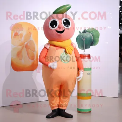 Productafbeelding van Peach Soda Can mascotte REDBROKOLY kostuum karakter gekleed met een jumpsuit en kettingen