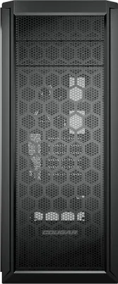 A front view of a black computer tower case.
