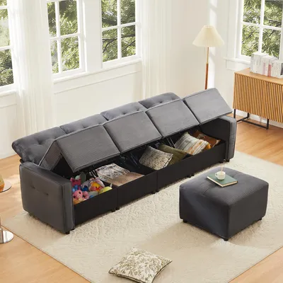 Produktbild von okwish Schlafsofa 4-Sitzer mit Stauraum Unter Den Sitzflächen Sitzgruppe,Wohnzimmersofa mit Hocker Flexibel Stellbar Für Wohnzimmer,Grau