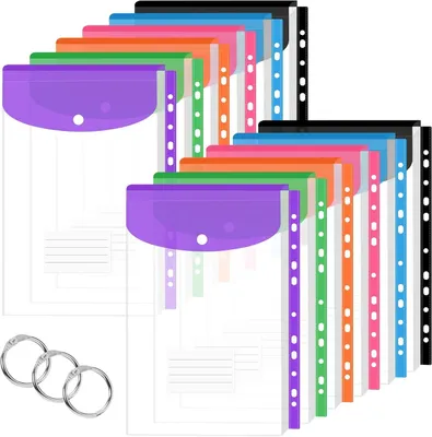 Produktbild von A4-Dokumentenmappe, 12 Stück, transparent, erweiterbar, mit 11 Löchern und Druckknopfverschluss, 6 Farben