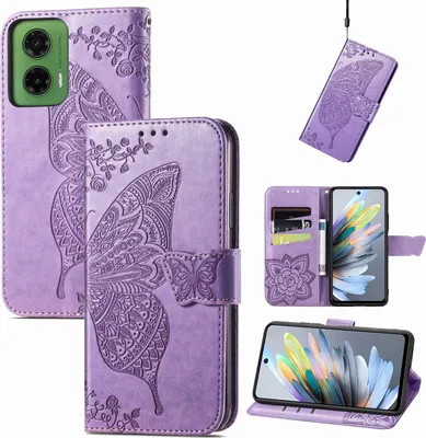 Produktbild von Für Motorola Moto G35 Kunstleder Wallet Handy Tasche Schmetterling Design Hülle Etuis Hell Lila