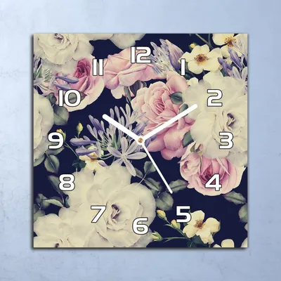 Produktbild von Deko Glasuhr Wanduhr 30x30 weiße & rosa Blumen Quarz Küchenuhr Bürouhr