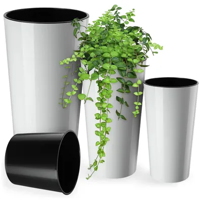 Produktbild von KADAX Set bestehend aus 3 Blumentöpfen + Einsatz, weißer Blumenständer, hoch für den Garten, 57 cm