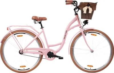 A pink city bike with a brown saddle and basket is shown against a white background.