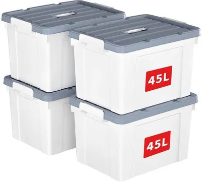 Obrázek produktu pro Sada čtyř bílých plastových úložných boxů s víkem a bezpečnostním zámkem, stohovatelných, s madlem a neprůhledných