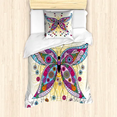 Produktbild von ABAKUHAUS Schmetterling Mantele, Frühlings-Blumen-Schmetterling, Milbensicher Allergiker geeignet mit Kissenbezügen, 135 cm x 200 cm - 80 x 80 cm, Mehrfarbig