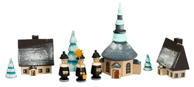 Produktbild von Weihnachtsdekoration Dorf Seiffen mit Ringelbäumchen und Kurrende (3) bunt Höhe 2,7cm NEU