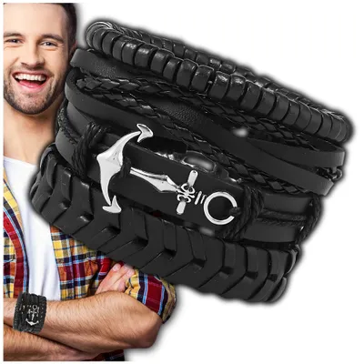 Produktbild von EDIBAZZAR | Schwarzes Lederarmband PUNK für Herren, 4er-Set Ankerarmbänder