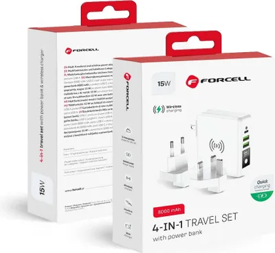 Produktbild von Forcell F-Energy Multifunktionsladegerät 4in1 15W mit USB/USB typ C, Power Bankiem 8000mAh und kabelloses Laden