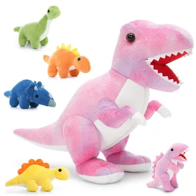 Immagine prodotto di Set di 6 dinosauri di peluche XXL, 50 cm, rosa, con 5 cuccioli di peluche. Ideale come regalo per bambini e neonati