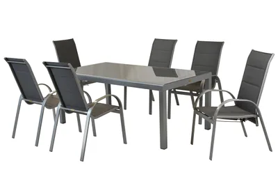 Produktbild von Merxx Gartenmöbel Set Amalfi 7tlg., 4 Stapelsessel, 2 Gasdrucksessel, 1 Tisch 190 x 100 cm - Aluminium/Textil