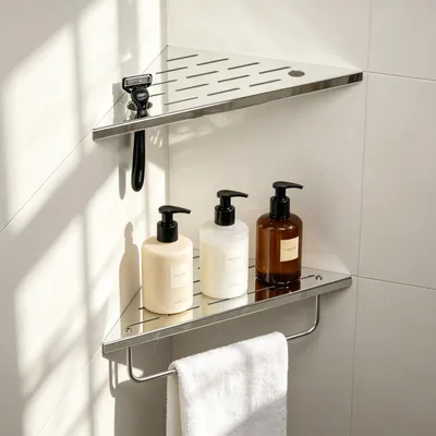 Image de Étagère de douche d'angle en acier inoxydable avec barre à serviettes