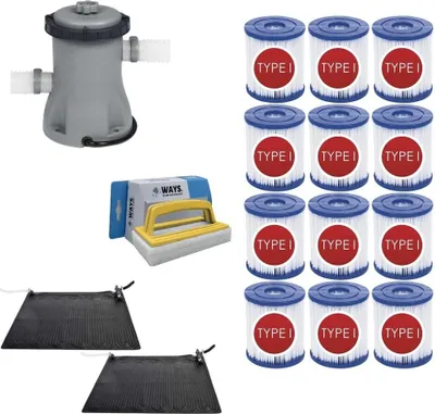 Produktbild von WAYS - Poolpflege - 2x Solarmat & Filterpumpe 1249 L/h & 12 Filter Typ I & WAYS Scheuerbürste
