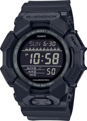 A black Casio G-Shock digital watch is shown against a light gray background.