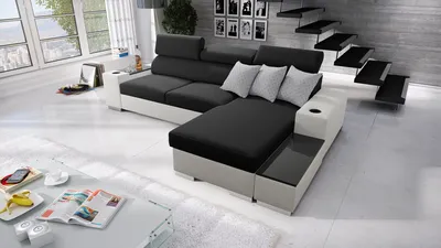 Produktbild von Ecksofa mit Schlaffunktion Eckcouch PERS I MAXI Sofa (Schwarz Sawana 14 + weißes Kunstleder, Rechts)