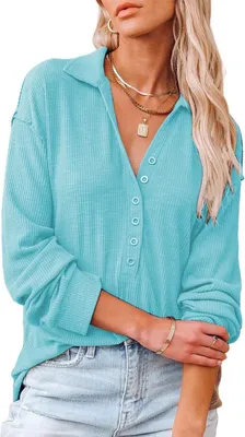 Produktbild von ASKSA Damen Baumwolle Blusen V-Ausschnitt Tops Langarm Einfarbig Knopf Tunika Shirts Oberteile, Himmelblau, XXL
