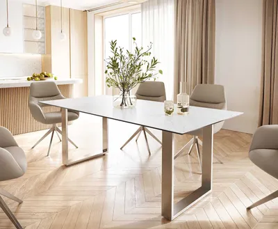 Produktbild von DELIFE Esstisch Edge 200x100 Keramik Laminam® Statuarietto Weiß Edelstahl Schmal