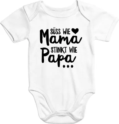 Produktbild von Kurzarm Baby-Body mit Aufdruck Süß wie Mama Stinkt wie Papa Spruch lustig Baumwolle Moonworks® weiß 3-6 Monate