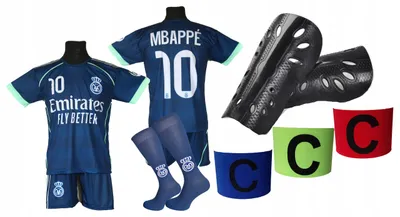 Produktbild von Fußball-Set MBAPPE Größe 128 Trikot Shorts Socken Beinlinge inkl. Schienbeinschoner Kapitänsbinde