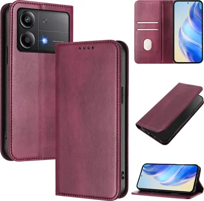Obrázek produktu pro Pouzdro pro Xiaomi Poco X6 Neo, vintage kožené pouzdro s RFID ochranou, přihrádkami na karty, stojánkem Červený