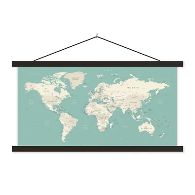 Produktbild von MuchoWow® Textilposter Weltkarte - Blau - Atlas 120x60 cm mit schwarzem Rahmen - Dekoration Schlafzimmer