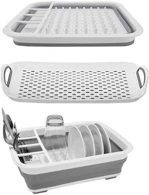 Produktbild von Unyqoos® Faltbares Abtropfgestell für Küche & Reise - BPA-frei, Kunststoff/Silikon, spülmaschinenfest, flach zusammenklappbar (5,3 cm), mit Besteckfach, rutschfest, ideal fürs Camping