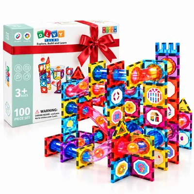 Produktbild von Olvy Magnetische Bausteine 100 Teile – Magnetische Murmelbahn & Konstruktionsspielzeug für Kinder, STEM, Montessori, kompatibel mit Magna & Connetix