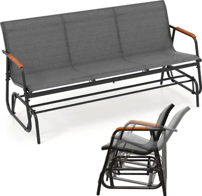 A three-seater glider bench and a single glider chair are shown against a white background. The bench is in the foreground, and the chair is in the background, with multiple ghosted images of the chair to show its movement.