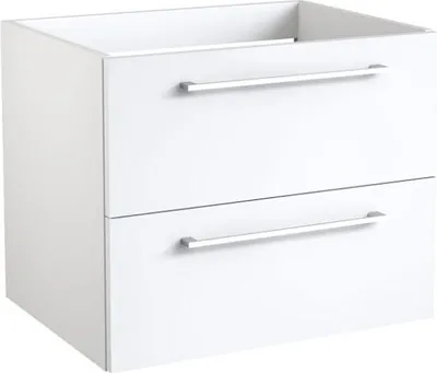 A white bathroom vanity cabinet with two drawers and silver handles.