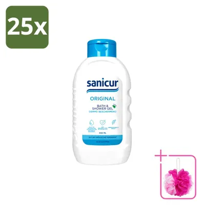 Image de 25 flacons de gel douche et bain Sanicur, parfum original, 300 ml chacun. Pack économique de 25 pièces