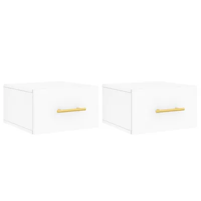 Two white wall-mounted nightstands with gold handles are shown against a white background.