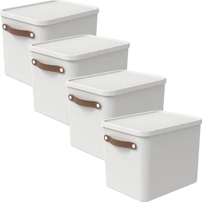 Four white storage boxes with brown handles are arranged diagonally on a white background.