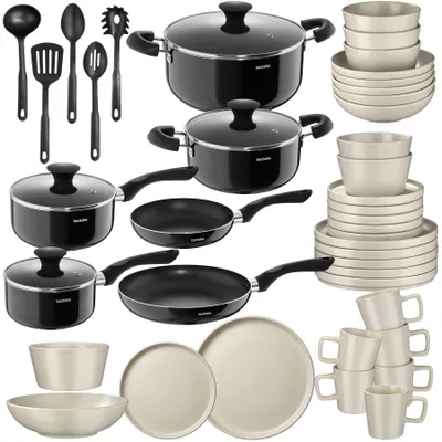 Produktbild von tectake® Küchenstarterset Steingutservice 30-tlg, Topfset 15-tlg Aluminium Antihaft, hitzebeständige Griffe, spülmaschinengeeignet, in schwarz/taupe