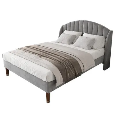 Produktbild von Polsterbett mit Kopfteil und Lattenrost, 140x200 cm, Doppelbett, gepolsterter Kopfteil mit seitlichen Ohren, Bezug aus Samt