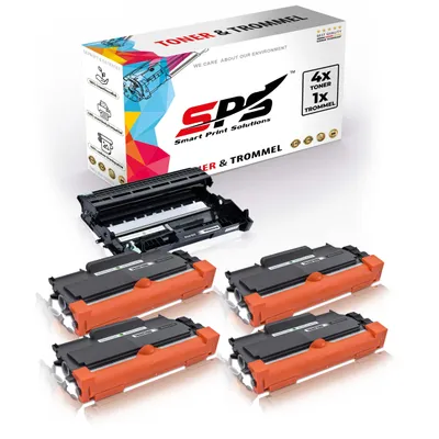 A box of printer toner and drum cartridges, with the cartridges displayed in front of the box.