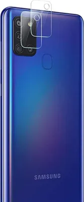 A close-up shot of the back of a blue smartphone with two clear camera lens protectors placed on top of the camera module.