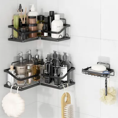 Produktbild von Eck-Dusch-Caddy - Badezimmerorganisation - 3 Stück - Schwarz - Edelstahl -
